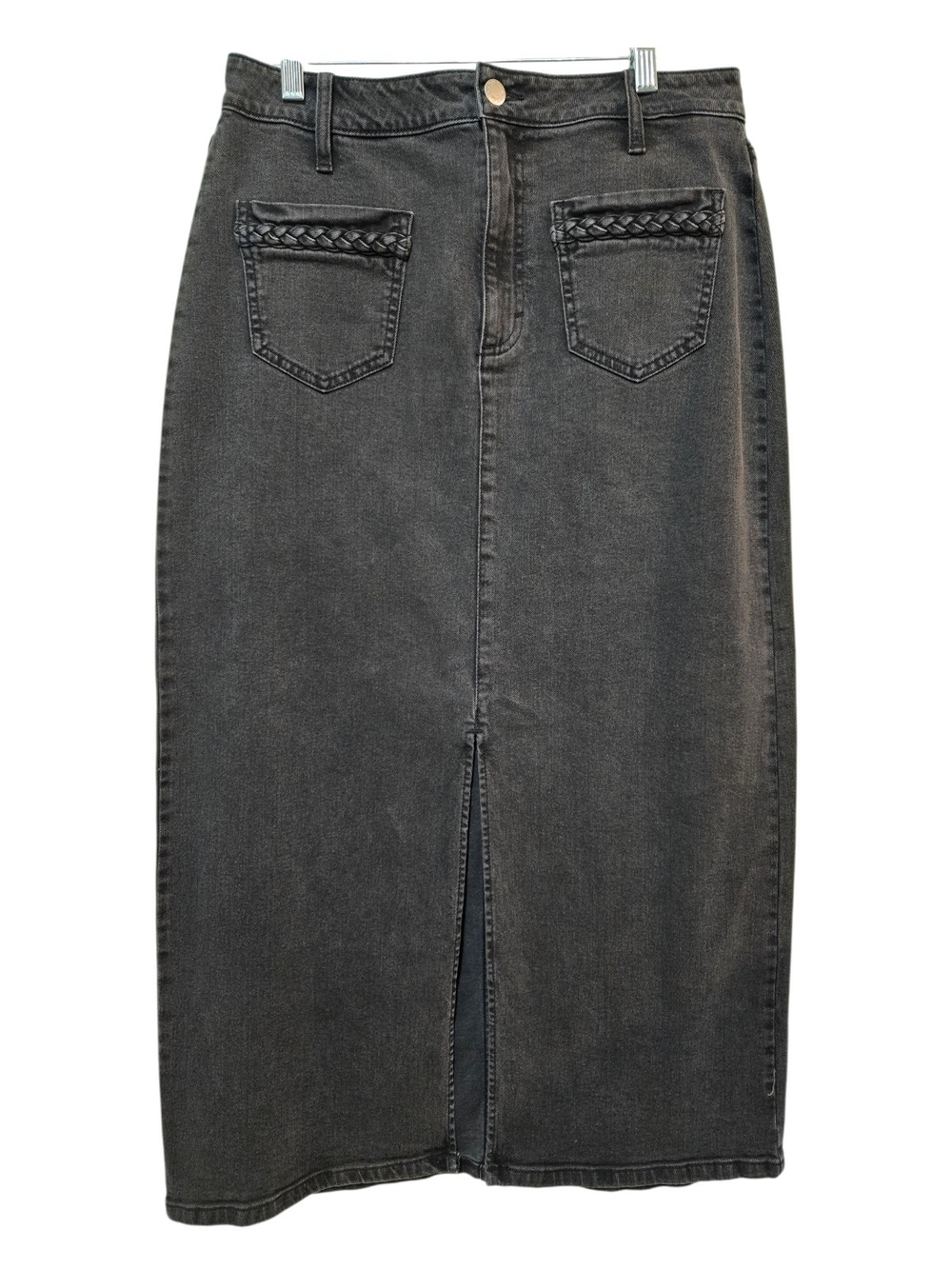 On 34th High-Rise Washed Black Denim Midi/Max Skirt with Front Slit 30x35